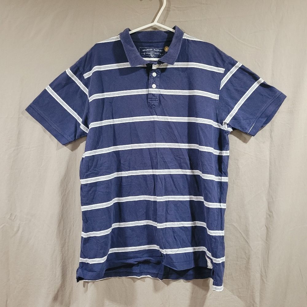 Wrangler size large mens white stripped blue polo short sleeve shirt